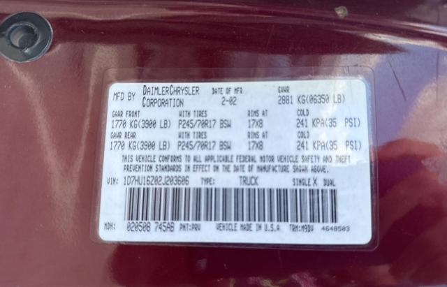 1D7HU16Z02J203606 - 2002 DODGE RAM 1500 MAROON photo 10