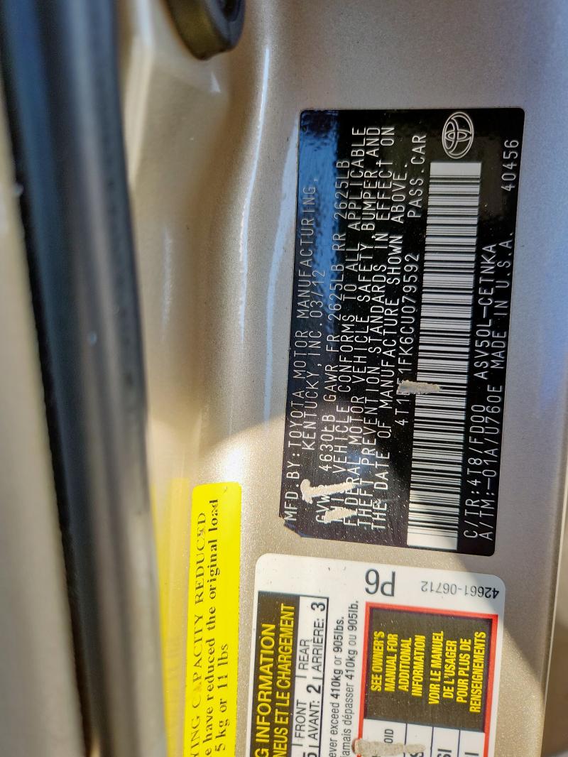 4T1BF1FK6CU079592 - 2012 TOYOTA CAMRY BASE TAN photo 12