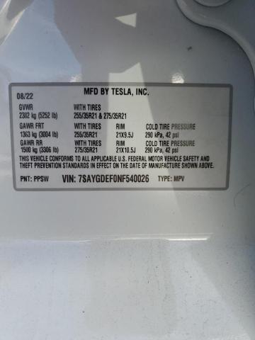 7SAYGDEF0NF540026 - 2022 TESLA MODEL Y 白色 照片 12