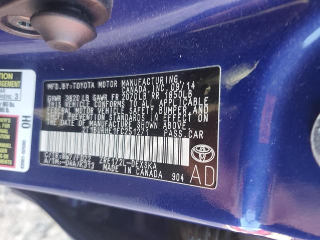 2T1BURHE1FC251271 - 2015 TOYOTA COROLLA L أزرق صورة 12