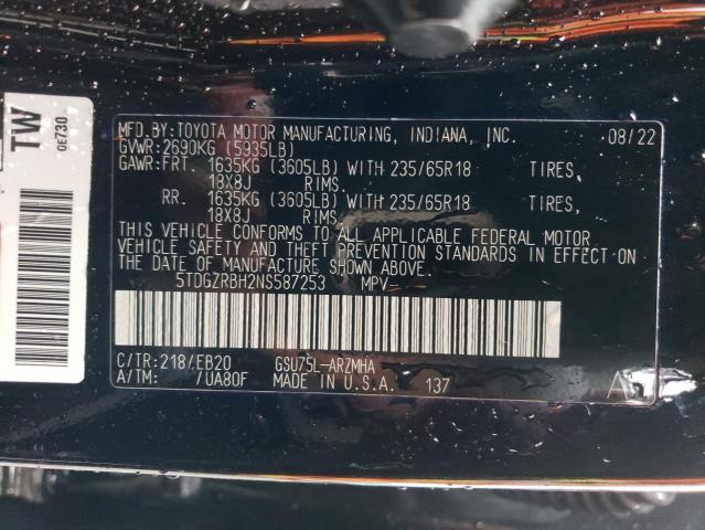 5TDGZRBH2NS587253 - 2022 TOYOTA HIGHLANDER XLE BLACK photo 14