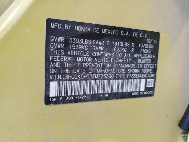 3HGGK5H53FM775390 - 2015 HONDA FIT LX 黄色 照片 12