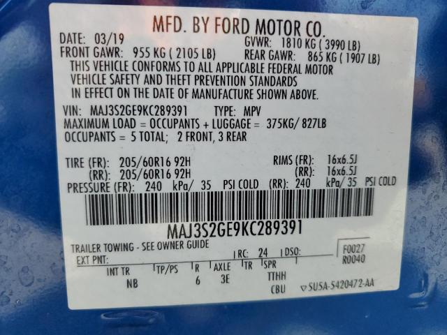 MAJ3S2GE9KC289391 - 2019 FORD ECOSPORT SE BLUE photo 13