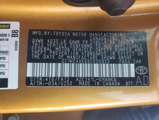 2T1KE40E69C020933 - 2009 TOYOTA COROLLA MA S ORANGE photo 12