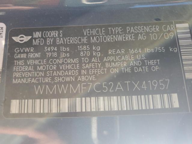 WMWMF7C52ATX41957 - 2010 MINI COOPER S BLUE photo 12