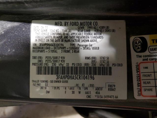 3FAHP0HA5CR104196 - 2012 FORD FUSION SE GRAY photo 12