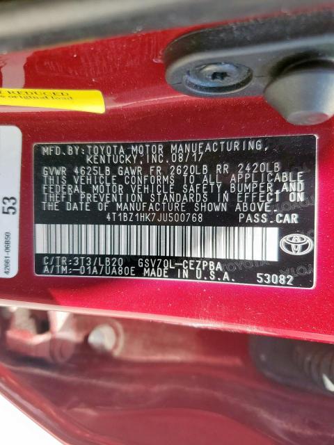 4T1BZ1HK7JU500768 - 2018 TOYOTA CAMRY XSE მუქწითელი ფოტო 12