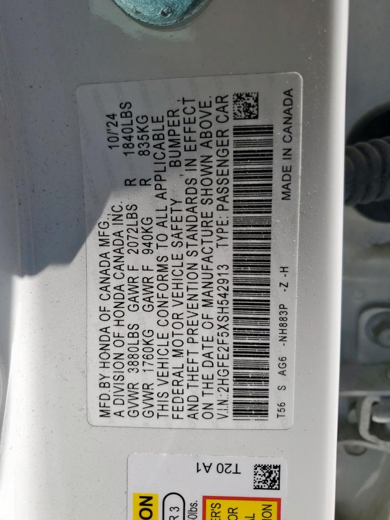 2HGFE2F5XSH542913 - 2025 HONDA CIVIC SPORT თეთრი ფოტო 12