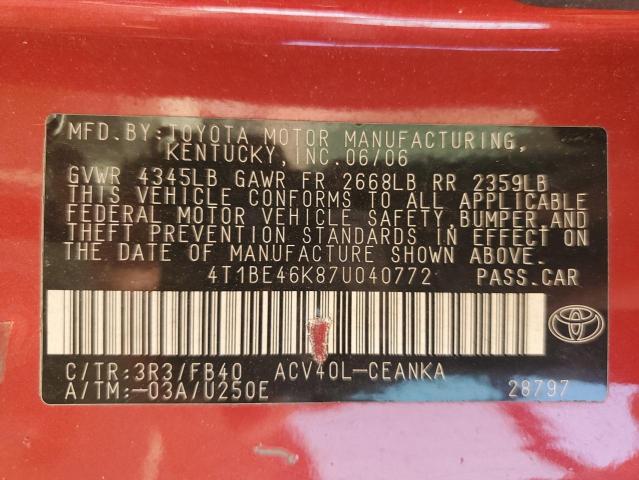 4T1BE46K87U040772 - 2007 TOYOTA CAMRY CE RED photo 13