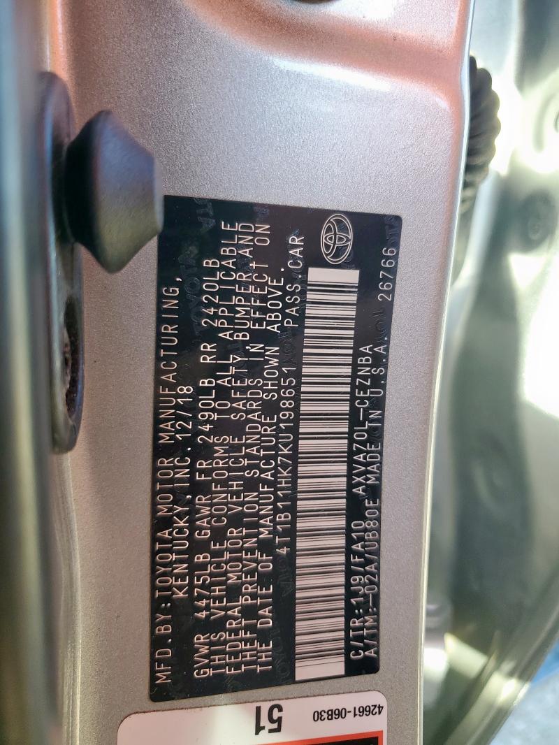 4T1B11HK7KU198651 - 2019 TOYOTA CAMRY L SILVER photo 12