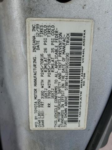 5TBBT4418YS051290 - 2000 TOYOTA TUNDRA ACCESS CAB Сріблястий фото 12