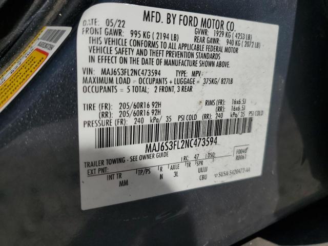 MAJ6S3FL2NC473594 - 2022 FORD ECOSPORT S رمادي صورة 13