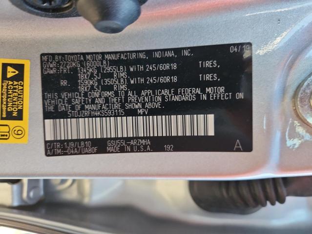 5TDJZRFH4KS593115 - 2019 TOYOTA HIGHLANDER SE ვერცხლისფერი ფოტო 13