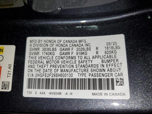 2HGFE2F29SH600130 - 2025 HONDA CIVIC LX 灰色 照片 12