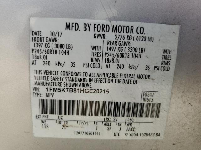 1FM5K7B81HGE20215 - 2017 FORD EXPLORER SILVER photo 13