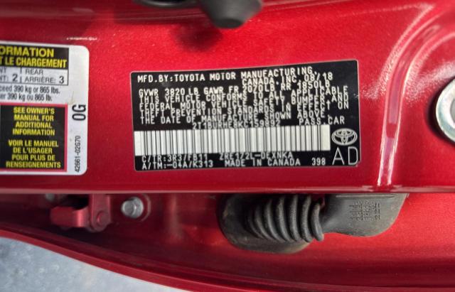 2T1BURHE8KC159892 - 2019 TOYOTA COROLLA L წითელი ფოტო 10