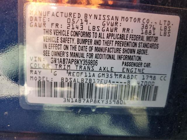 3N1AB7AP8KY359806 - 2019 NISSAN SENTRA S BLUE photo 12