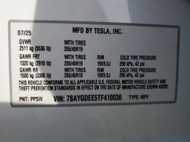 7SAYGDEE5TF410036 - 2026 TESLA MODEL Y WHITE photo 12
