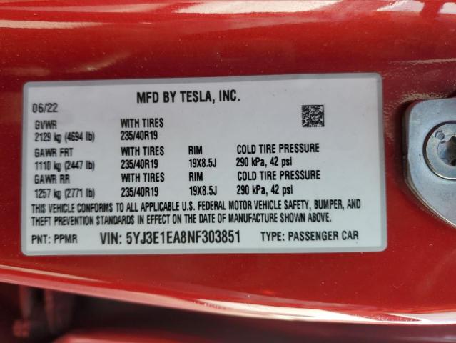 5YJ3E1EA8NF303851 - 2022 TESLA MODEL 3 红色 照片 12
