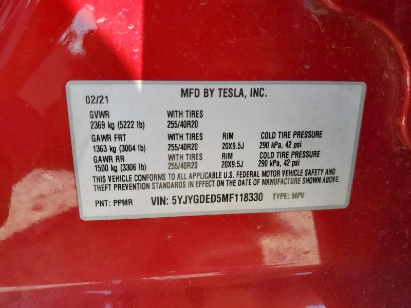 5YJYGDED5MF118330 - 2021 TESLA MODEL Y Czerwony zdjęcie 13