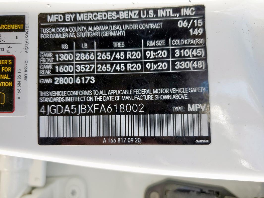 4JGDA5JBXFA618002 - 2015 MERCEDES-BENZ ML 350 WHITE photo 13