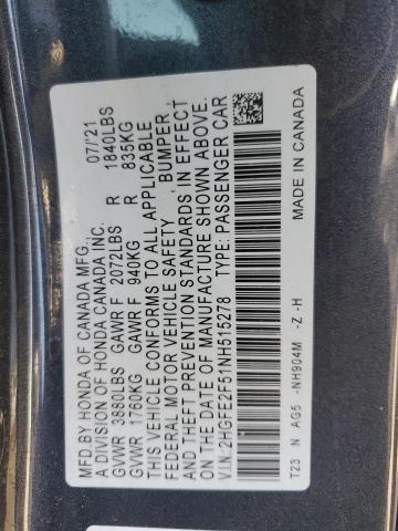 2HGFE2F51NH515278 - 2022 HONDA CIVIC SPORT 石墨色 照片 12