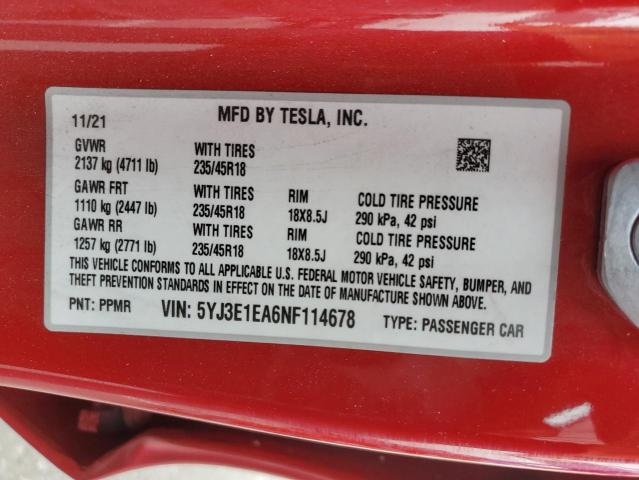 5YJ3E1EA6NF114678 - 2022 TESLA MODEL 3 RED photo 13