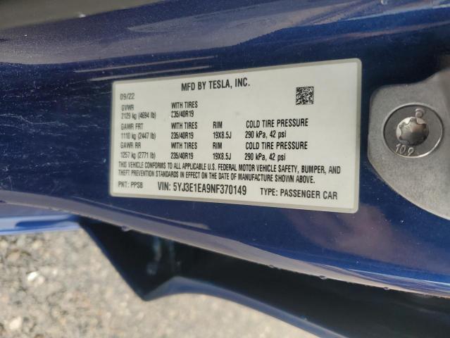 5YJ3E1EA9NF370149 - 2022 TESLA MODEL 3 蓝色 照片 12