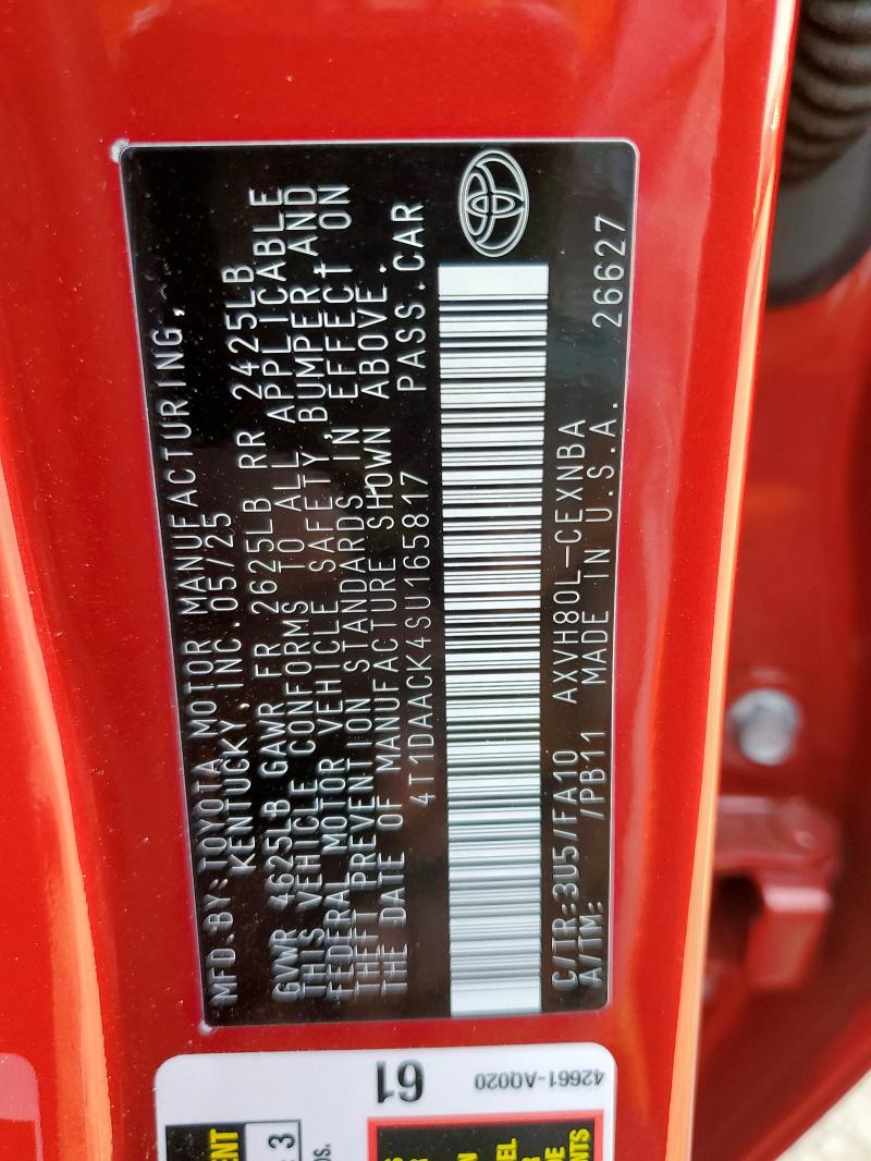 4T1DAACK4SU165817 - 2025 TOYOTA CAMRY XSE 红色 照片 13