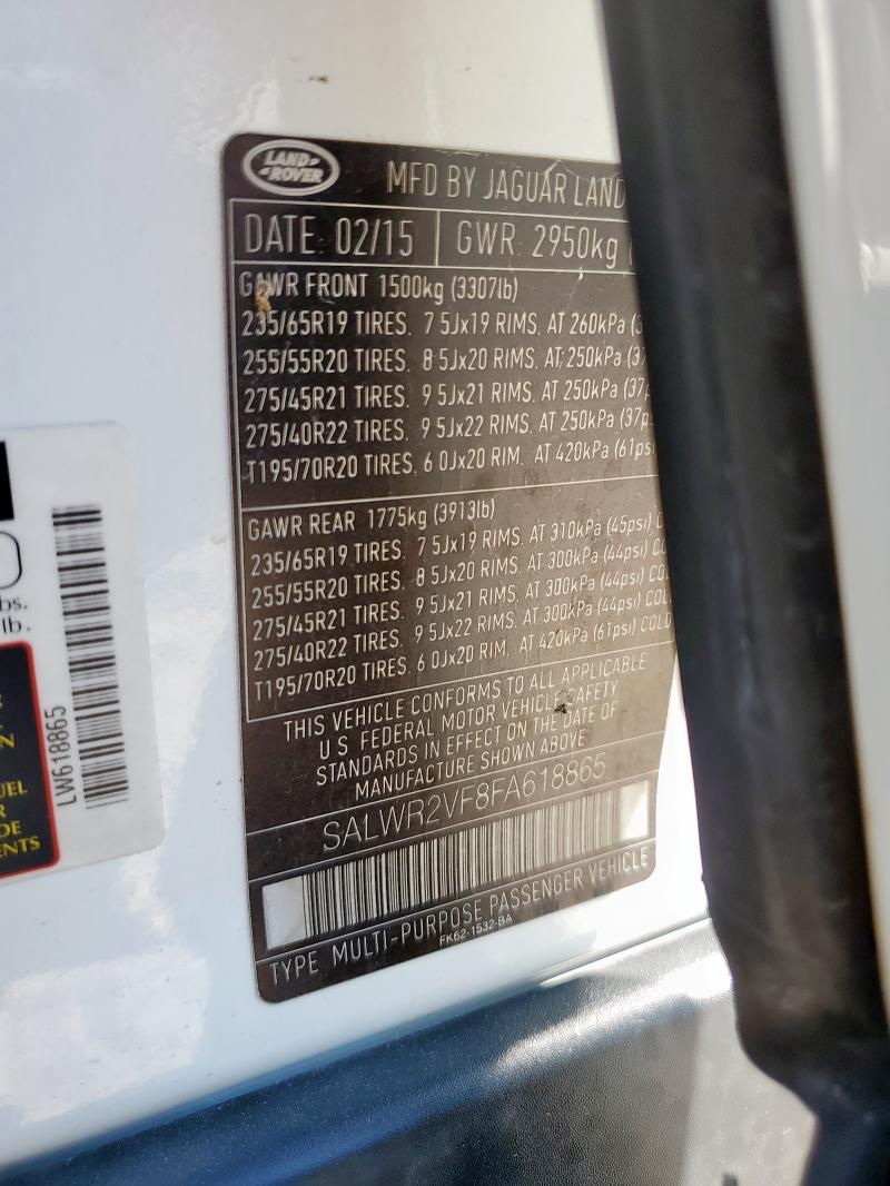 SALWR2VF8FA618865 - 2015 LAND ROVER RANGE ROVE HSE WHITE photo 13