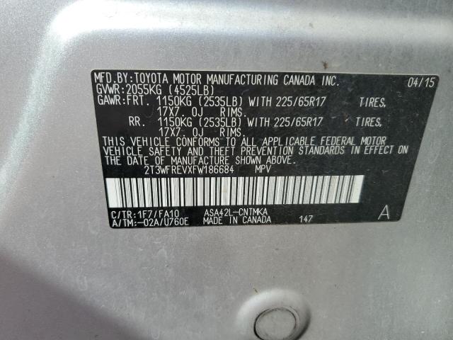 2T3WFREVXFW186684 - 2015 TOYOTA RAV4 XLE SILVER photo 12