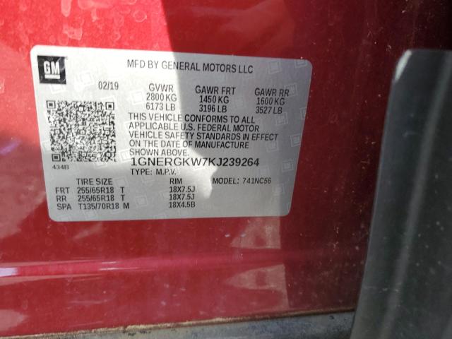 1GNERGKW7KJ239264 - 2019 CHEVROLET TRAVERSE LT Rojo foto 13