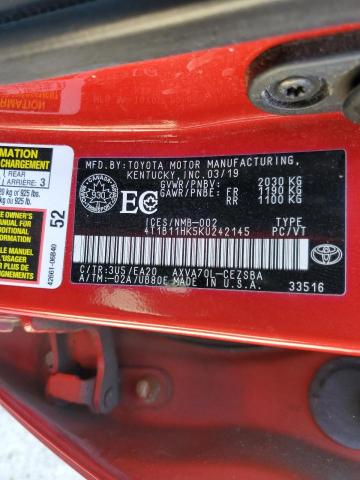 4T1B11HK5KU242145 - 2019 TOYOTA CAMRY L RED photo 12