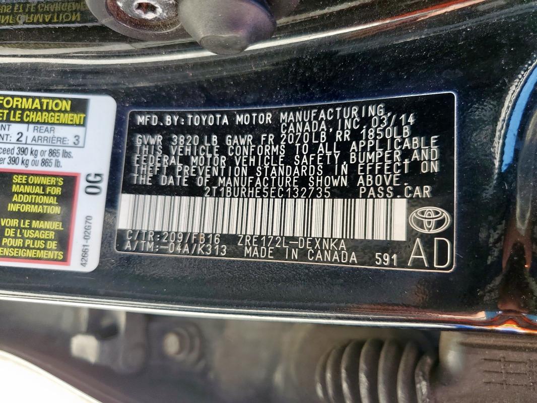 2T1BURHE5EC132735 - 2014 TOYOTA COROLLA L BLACK photo 12