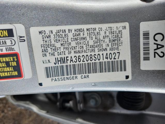 JHMFA36208S014027 - 2008 HONDA CIVIC HYBRID SILVER photo 12