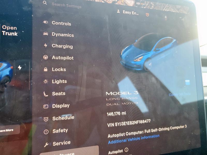 5YJ3E1EB2NF188477 - 2022 TESLA MODEL 3 Bleu photo 9