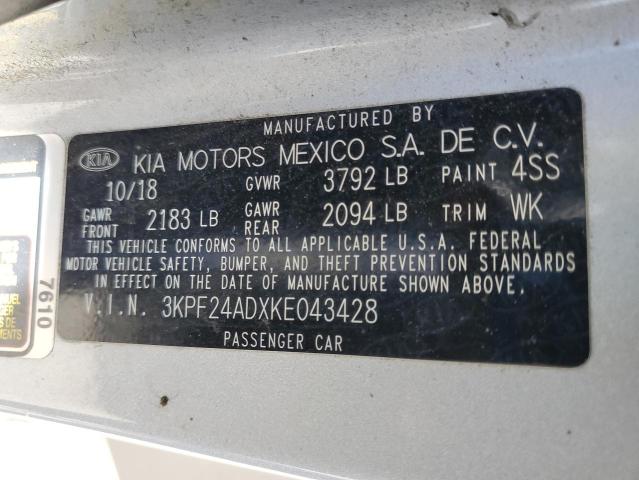 3KPF24ADXKE043428 - 2019 KIA FORTE FE SILVER photo 13