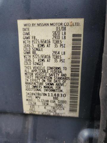 5N1BV28U78N114830 - 2008 NISSAN QUEST S BLUE photo 13