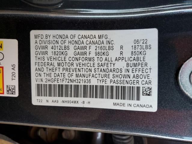 2HGFE1F72NH321936 - 2022 HONDA CIVIC EX 灰色 照片 12