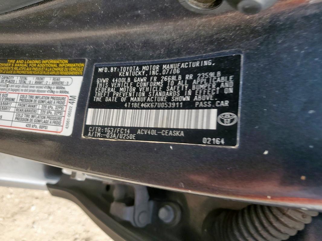 4T1BE46K67U053911 - 2007 TOYOTA CAMRY CE 灰色 照片 12