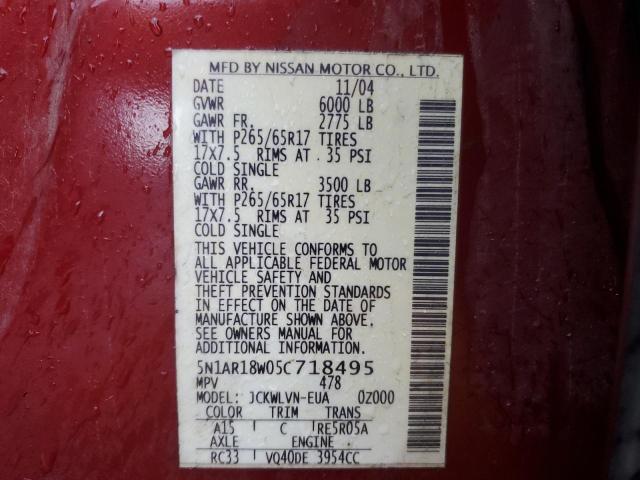 5N1AR18W05C718495 - 2005 NISSAN PATHFINDER LE ბურგუნდია ფოტო 13