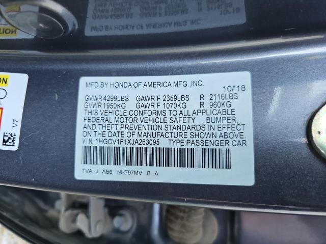 1HGCV1F1XJA263095 - 2018 HONDA ACCORD LX GRAY photo 10