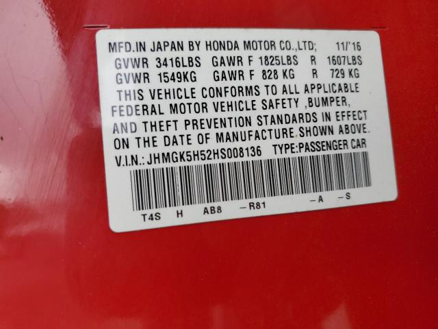 JHMGK5H52HS008136 - 2017 HONDA FIT LX 红色 照片 12