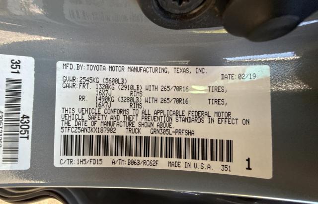 5TFCZ5AN3KX187982 - 2019 TOYOTA TACOMA DOUBLE CAB GRAY photo 10