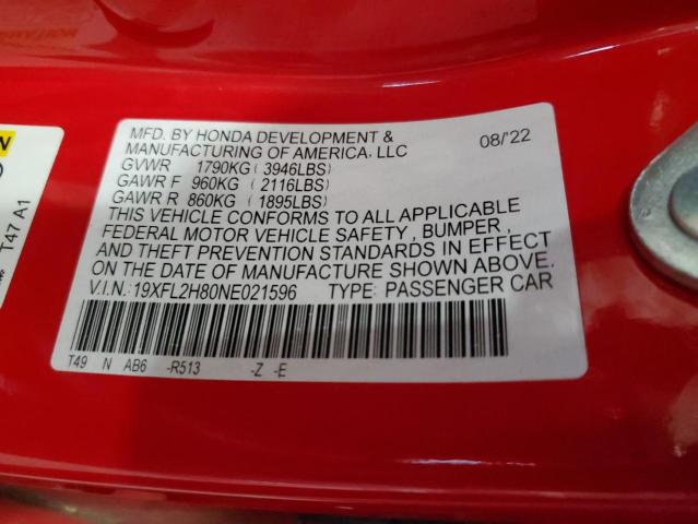 19XFL2H80NE021596 - 2022 HONDA CIVIC SPORT წითელი ფოტო 12