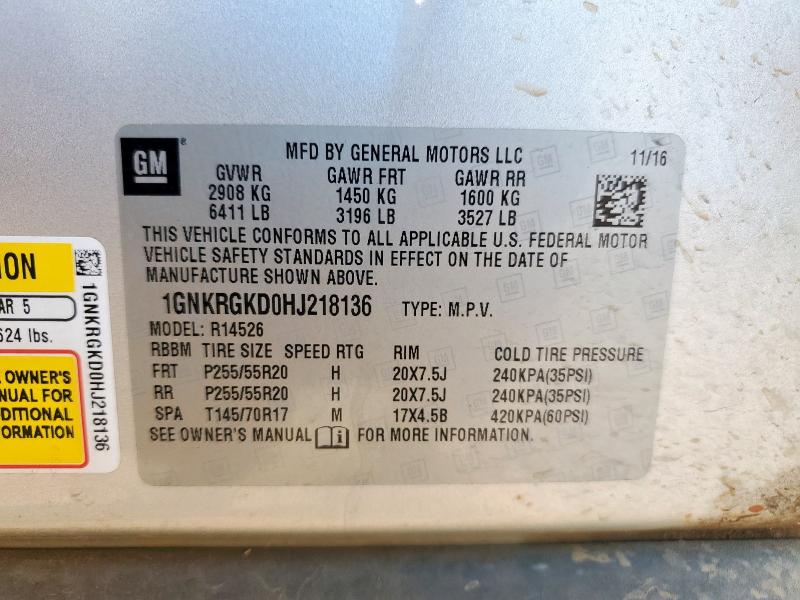 1GNKRGKD0HJ218136 - 2017 CHEVROLET TRAVERSE LT 银色 照片 13