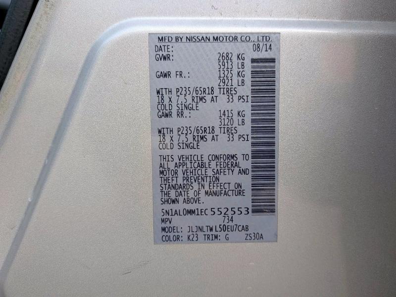 5N1AL0MM1EC552553 - 2014 INFINITI QX60 Gümüş foto 10