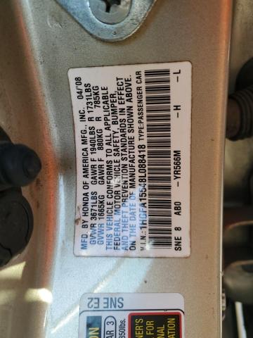 1HGFA15548L088418 - 2008 HONDA CIVIC LX ბეჟი ფოტო 12