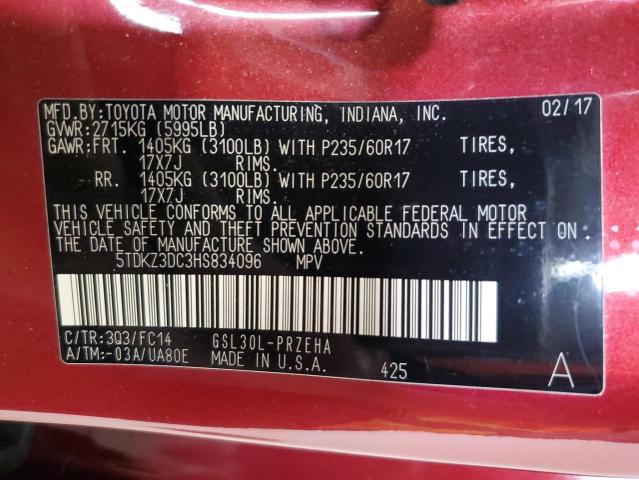 5TDKZ3DC3HS834096 - 2017 TOYOTA SIENNA LE ბურგუნდია ფოტო 13