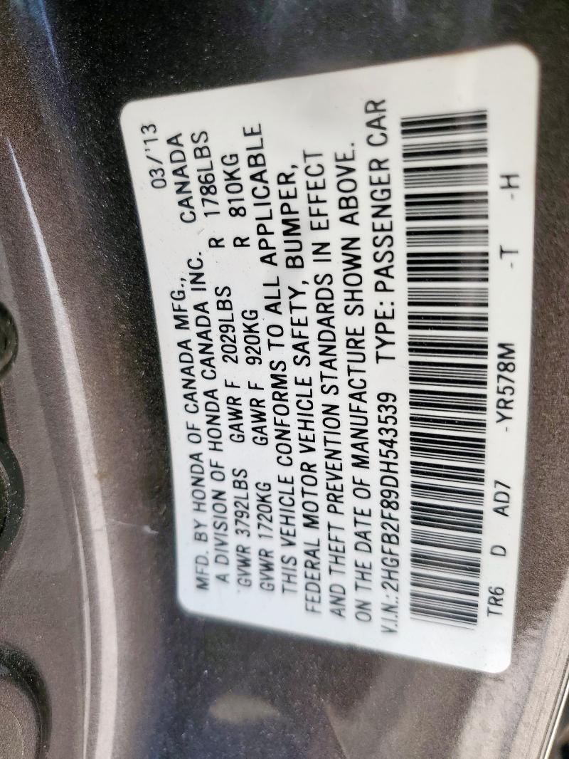 2HGFB2F89DH543539 - 2013 HONDA CIVIC EX Gris photo 12